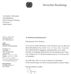 Deutscher Bundestag dankt Taxi Berlin